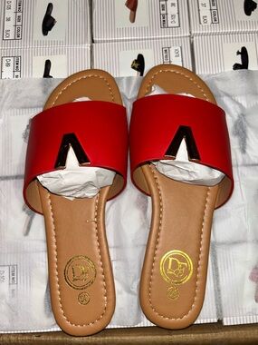 DF Red Slide Mules with Gold Accent